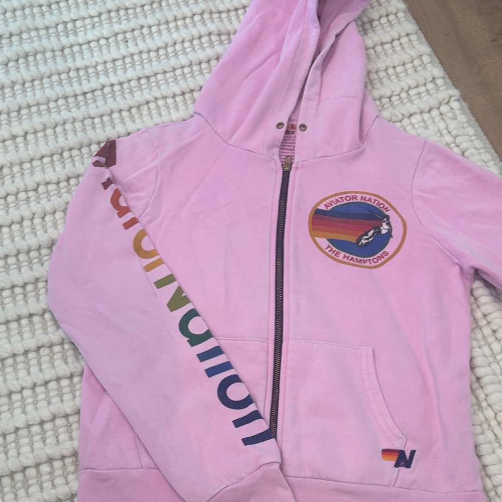 Aviator Nation Pink Hoodie with Rainbow Sleeve